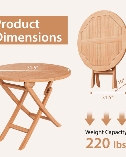 Giantex 31.5” Outdoor Folding Table, Patio Solid Teak Dining Table with Natural Appearance, Space-Saving Design