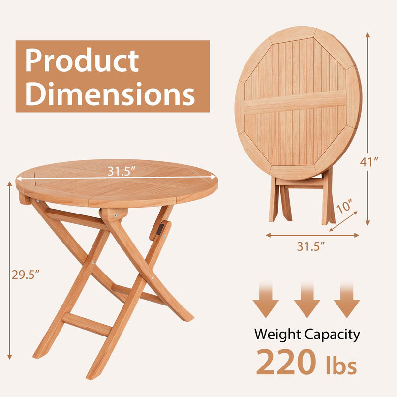 Giantex 31.5” Outdoor Folding Table, Patio Solid Teak Dining Table with Natural Appearance, Space-Saving Design
