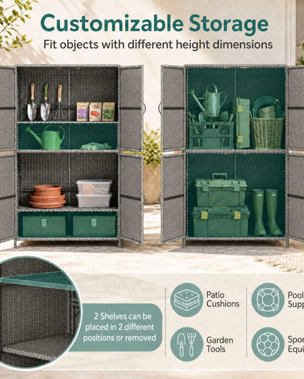 GIANTEX 4-Door PE Rattan Outdoor Storage Cabinet w/ Adjustable Shelves & Anti-Toppling Device