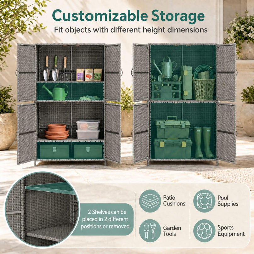 GIANTEX 4-Door PE Rattan Outdoor Storage Cabinet w/ Adjustable Shelves & Anti-Toppling Device
