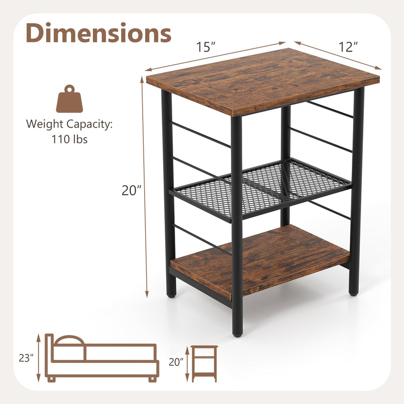 Giantex 3 Tier Side Table with Adjustable Mesh Shelf