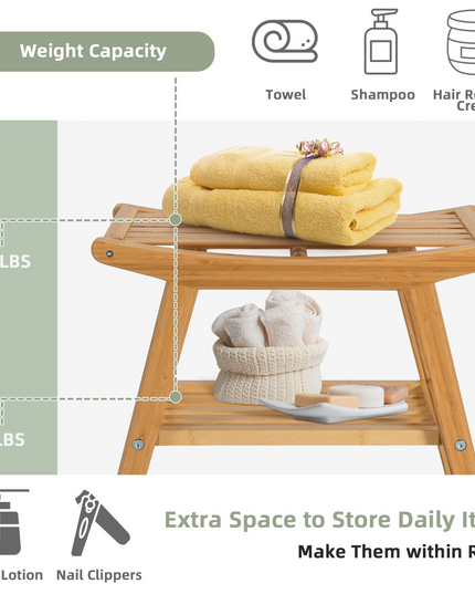 Bamboo Shower Bench with Foot Stool, Shower Seat Bench with Underneath Storage Shelf