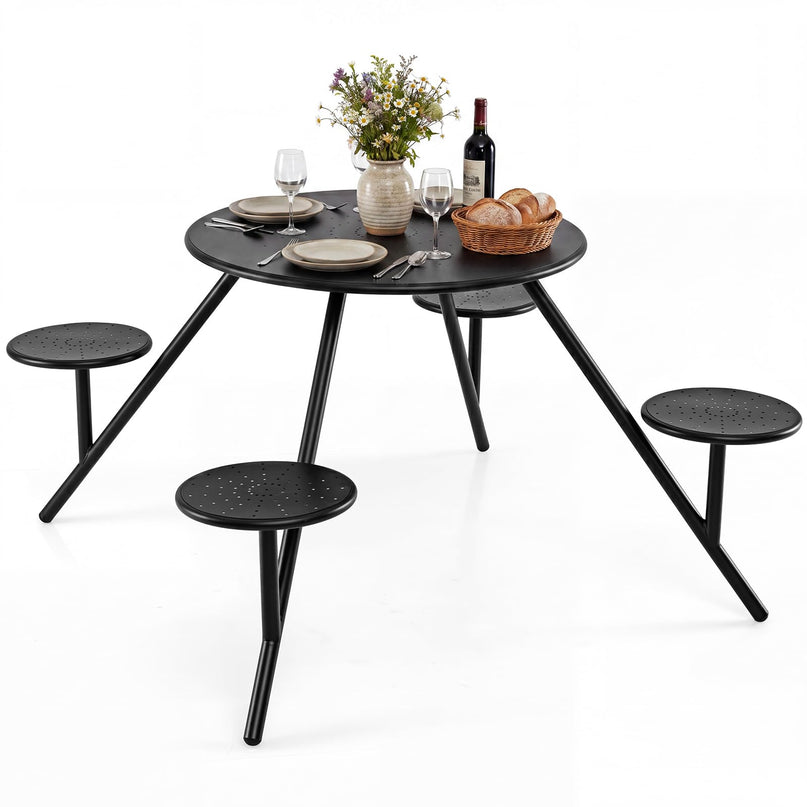 Giantex Round Picnic Table Set with 4 Built-in Seats and 1.77" Umbrella Hole