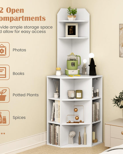 Giantex 6-Tier Corner Shelf with Charging Station, 63" Tall Corner Bookshelf with 2 USB Ports & 2 Outlets