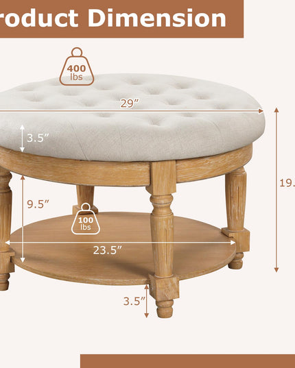 Giantex Large Ottoman Coffee Table - 29 inch Oversized Round Ottoman with Storage Shelf, Flip up Top, Wood Legs