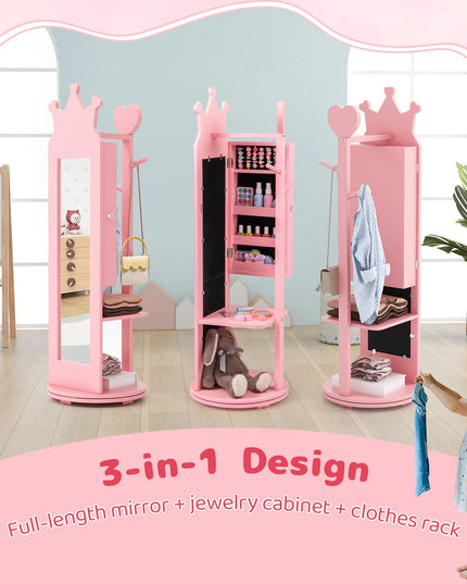 CHARMAID Kids Mirror Jewelry Cabinet - 360° Swivel Jewelry Armoire with Full Length Mirror
