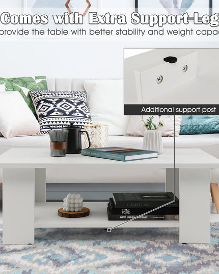 Giantex Wood Coffee Table w/Storage Shelf, 36"L 2-Tier Large Modern Tea Table, White