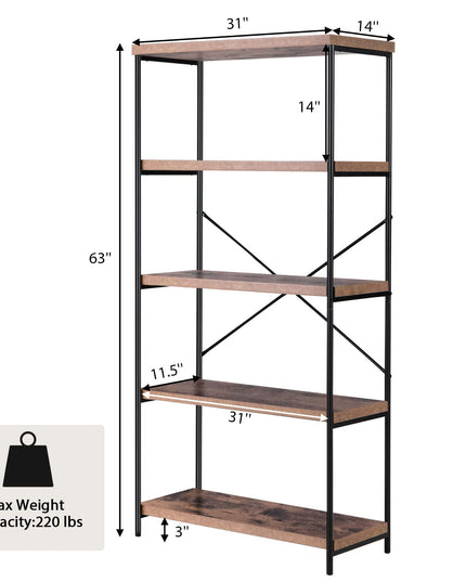 Giantex Industrial 5-Tier Wood Bookshelf - 63’’ Tall Open Storage Organizer Shelves with Anti-Tipping Device and Foot Pads
