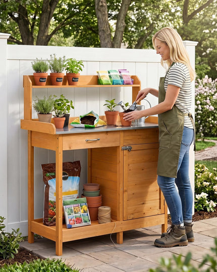 Giantex Potting Bench Table with Storage Cabinet & Drawer