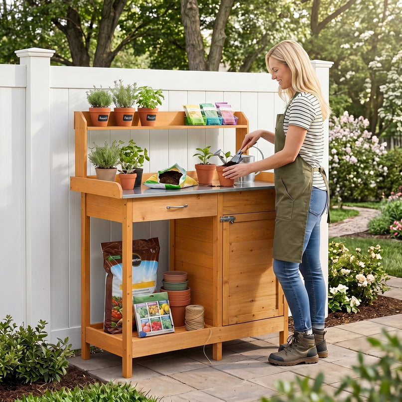Giantex Potting Bench Table with Storage Cabinet & Drawer
