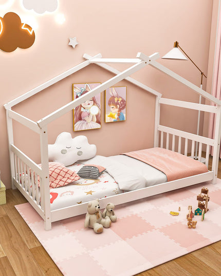 Giantex House Bed Twin, Solid Wood Kids House Bed with Roof