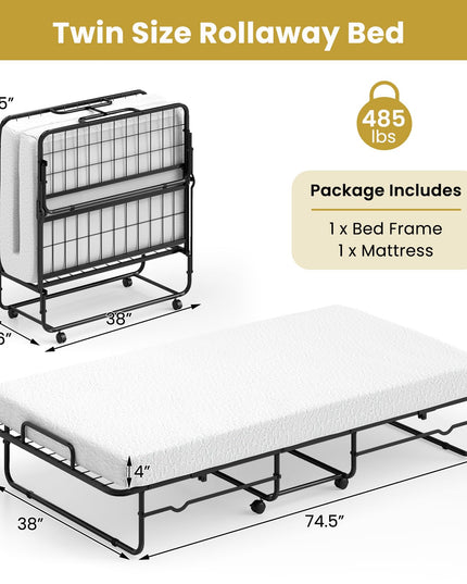 Giantex Twin Folding Bed with Mattress, Roll Away Bed Portable Guest Bed w/Sturdy Metal Frame