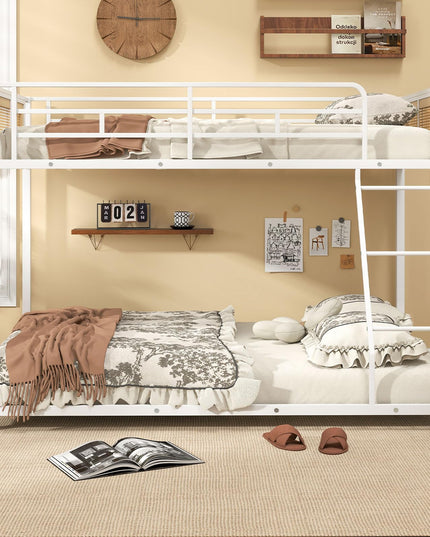 Giantex Twin Over Full Metal Bunk Bed Boho Rattan Floor Bunkbeds