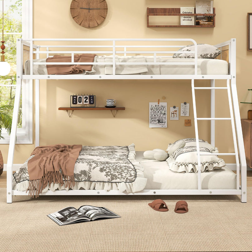 Giantex Twin Over Full Metal Bunk Bed Boho Rattan Floor Bunkbeds