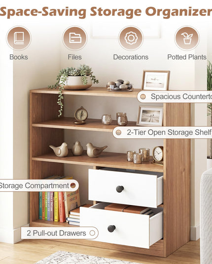 Giantex 4-Tier Bookshelf w/3 Open Compartments & 2 Detachable Fabric Drawers