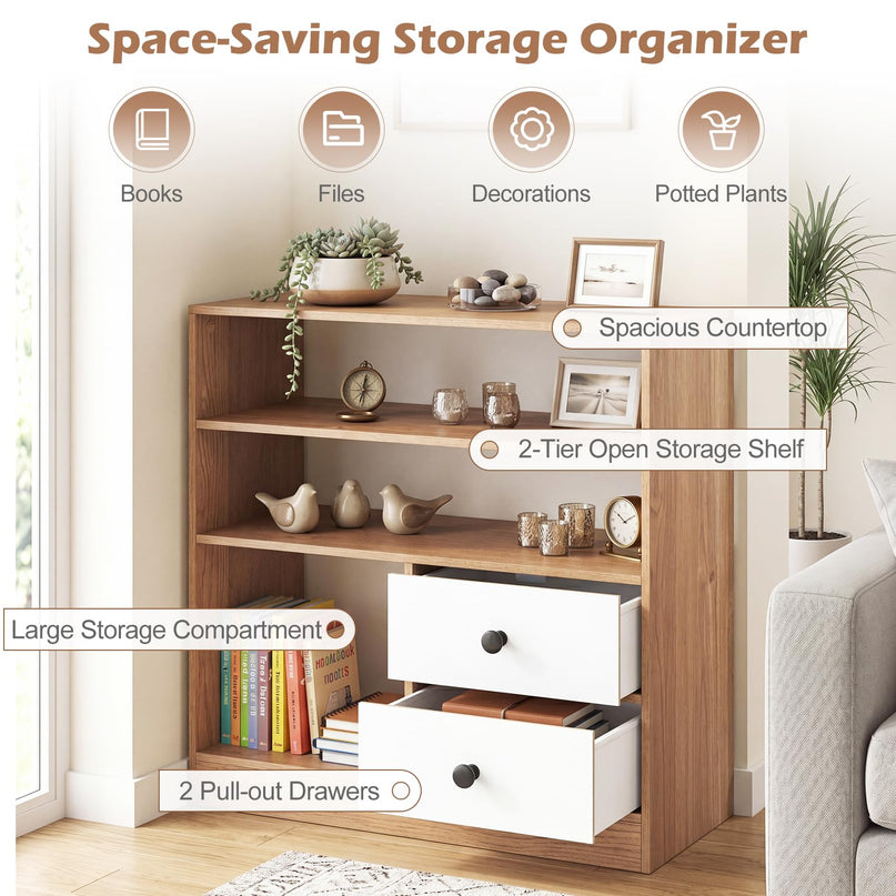 Giantex 4-Tier Bookshelf w/3 Open Compartments & 2 Detachable Fabric Drawers