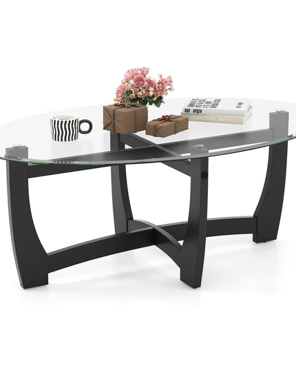 Giantex Glass Coffee Table, 48" Oval Accent Tea Table with Tempered Glass Top & Solid Wood Structure