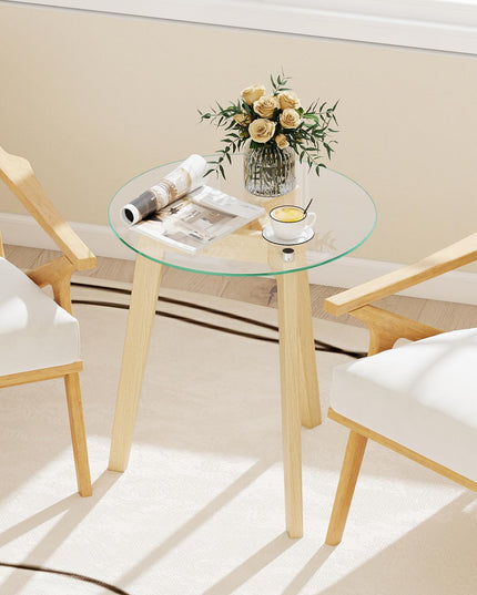 Giantex Modern Round Bedside Nightstand with Clear Tempered Glass Top & Rubber Wood Legs