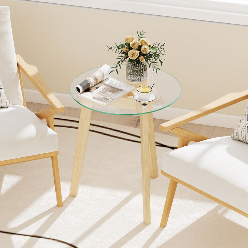 Giantex Modern Round Bedside Nightstand with Clear Tempered Glass Top & Rubber Wood Legs