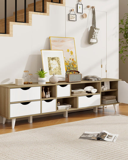 Giantex TV Stand for TVs up to 65”, Entertainment Center with 5 Drawers, 1 Cabinet, Television Stands for Bedroom, Oak