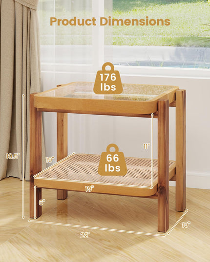 Giantex Rattan Side Table, Boho End Table for Living Room, Narrow Bedside Table with Tempered Glass Top