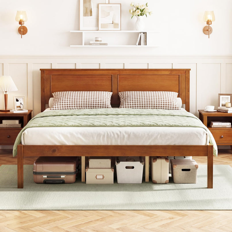 Giantex Mid-Century Modern Wood Queen/Full/Twin Size Bed Frame with Headboard