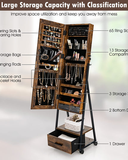 CHARMAID Rolling Jewelry Cabinet with Full Length Mirror, Lockable Standing Jewelry Armoire with Wheels