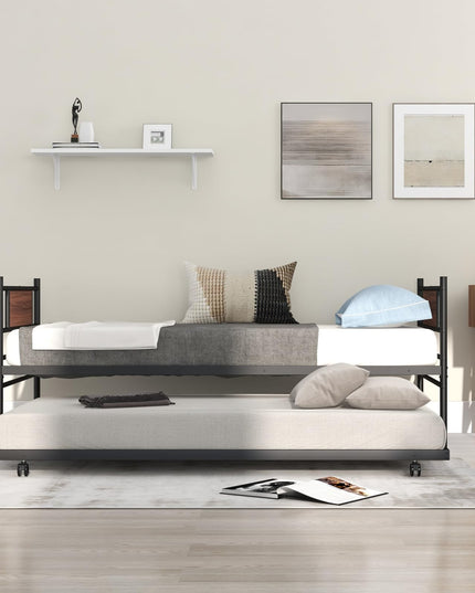 Giantex Metal Daybed with Trundle, Twin Size Day Bed with Wood Grain Headboard & Metal Slat Support