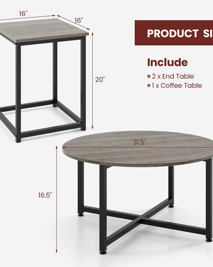 Giantex Round Nesting Table Set of 3, Farmhouse Coffee Table w/2 End Tables, Sturdy Metal Frame (Black Oak)