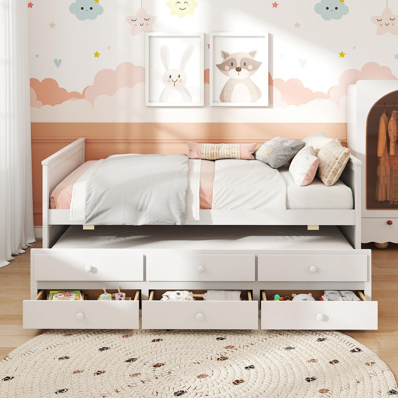 Giantex Full Size Bed Frame with Twin Trundle & 3 Storage Drawers