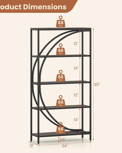 Giantex 5-Tier Bookshelf | 65" Tall Industrial Etagere Bookcase with Half-Moon Shape