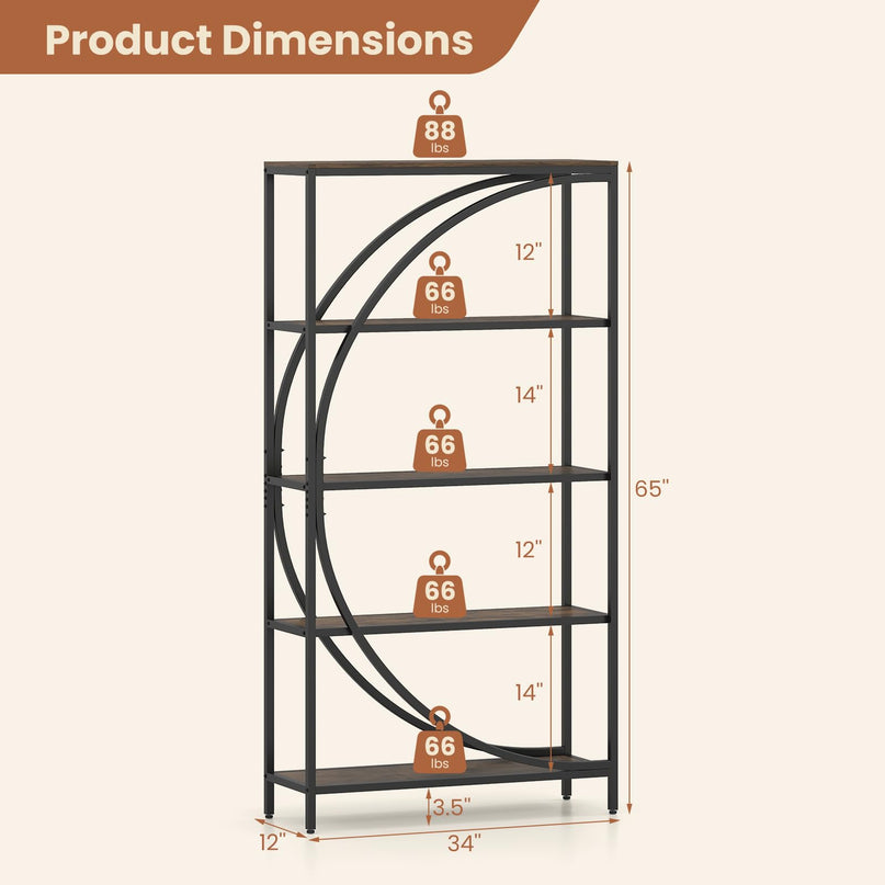 Giantex 5-Tier Bookshelf | 65" Tall Industrial Etagere Bookcase with Half-Moon Shape
