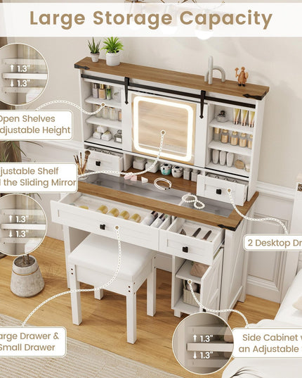 CHARMAID Farmhouse Vanity Desk with Barn-Style Sliding Mirror, Lights & Stool (42" Wide,White & Brown)