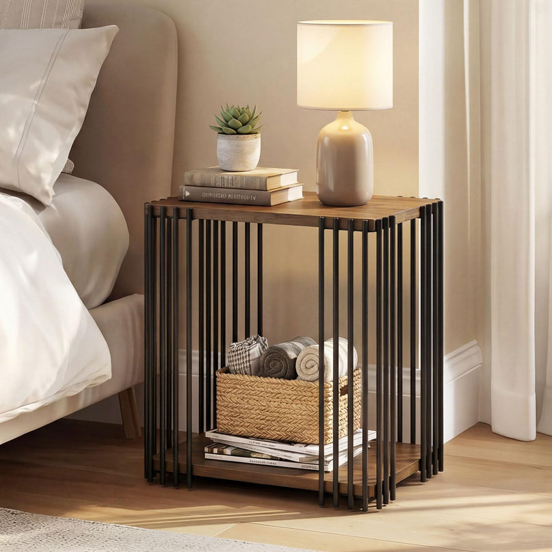 Giantex Table d'appoint en bois à 2 niveaux, lot de 1/2 avec étagères de rangement ouvertes et cadre en métal unique