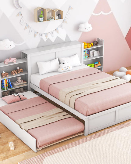 Giantex Full Bed Frame with Twin Trundle, Wooden Bed Wooden Bed Frame with 2 Rolling Bookcases & High Headboard