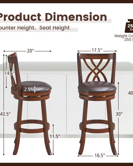 Giantex Brown Bar Stools PU Leather Cushioned Seat and Footrests, for Kitchen Island