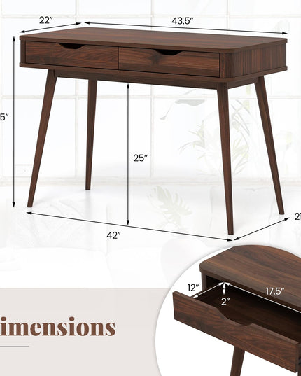 Giantex Mid-Century Desk with 2 Drawers, 43.5" Writing Study Desk with Solid Rubber Wood Legs