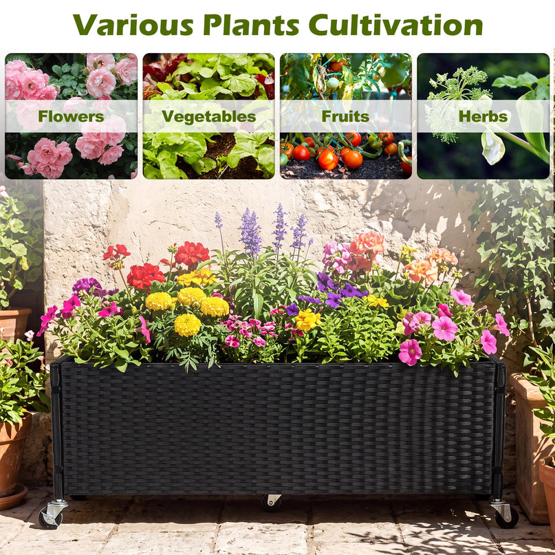 GIANTEX Wicker Raised Garden Bed w/Wheels for Vegetable Flower Herb Porch Balcony