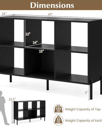 Giantex 6 Cube Bookcase, 3-Tier 47" Long Wood Bookshelf w/ 5 Metal Legs, Adjustable Shelf, Anti-toppling Device
