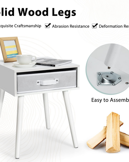 End Table Accent Bedside Table W/ 1 Removable Fabric Drawer and Solid Wooden Legs