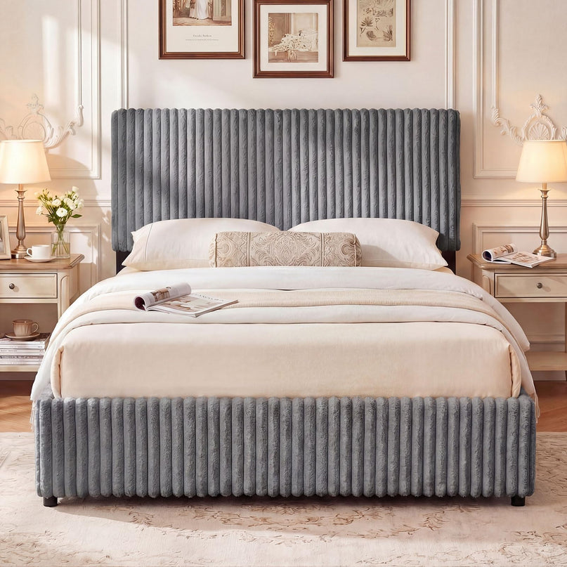 Lit de rangement relevable Giantex Queen Size avec tête de lit capitonnée à chevrons et oreilles.