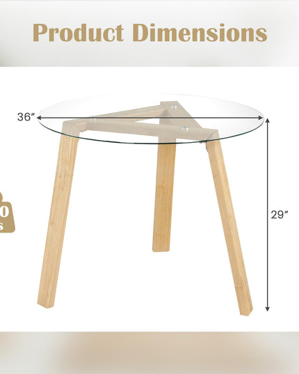 Giantex Round Glass Dining Table for 4 - Small Coffee Table with Rubber Wood Frame
