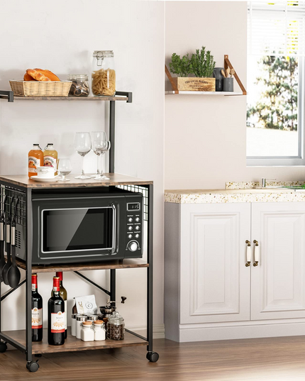 Giantex Kitchen Baker Rack on Wheels, Industrial Utility Storage Shelf, with 3 Hooks (Rustic Brown)