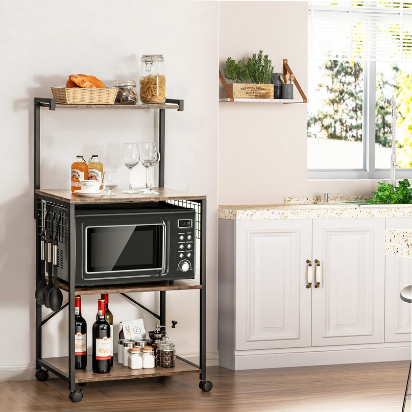 Giantex Kitchen Baker Rack on Wheels, Industrial Utility Storage Shelf, with 3 Hooks (Rustic Brown)