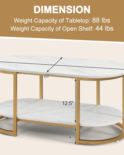Giantex White Marble Coffee Table - Modern 2-Tier Center Table w/Open Storage Shelf