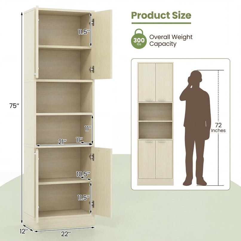 Giantex 75'' Tall Freestanding Cupboard with Doors & Shelves