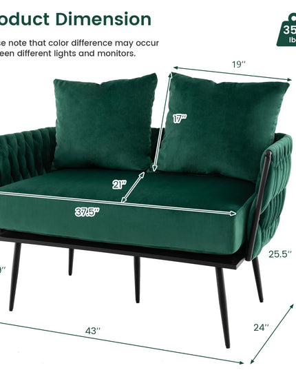 Giantex Loveseat Sofa, Upholstered 2 Seat Sofa Couch with Dutch Velvet, Woven Back and Arms, 2 Pillows