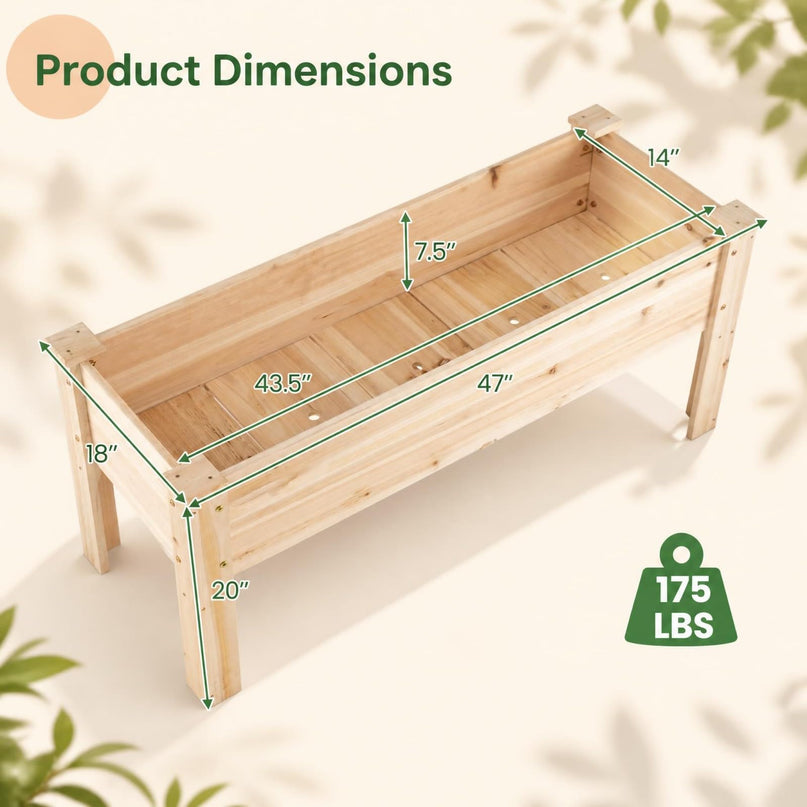 Jardinière en bois sur pieds, 120,65 cm L x 43,18 cm l x 50,8 cm H
