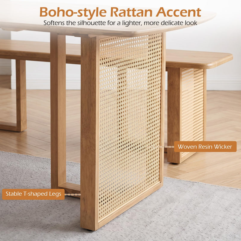 GIANTEX Rattan Dining Table Set for 4 w/ Rubber Wood Kitchen Table & 2 Bench