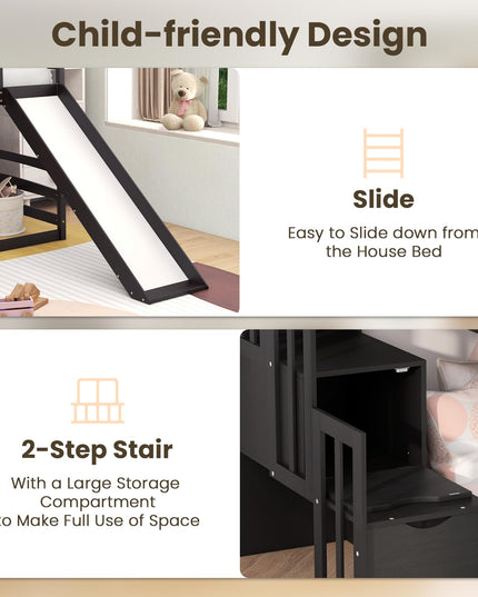 Giantex House Bunk Bed Twin Over Twin with Slide and Storage Stairs, Solid Wood Low Loft Bed Frame with Roof & Guardrail